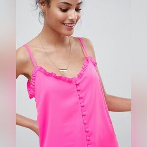 ASOS DESIGN Button Front Cami with Ruffle Detail in Hot Pink